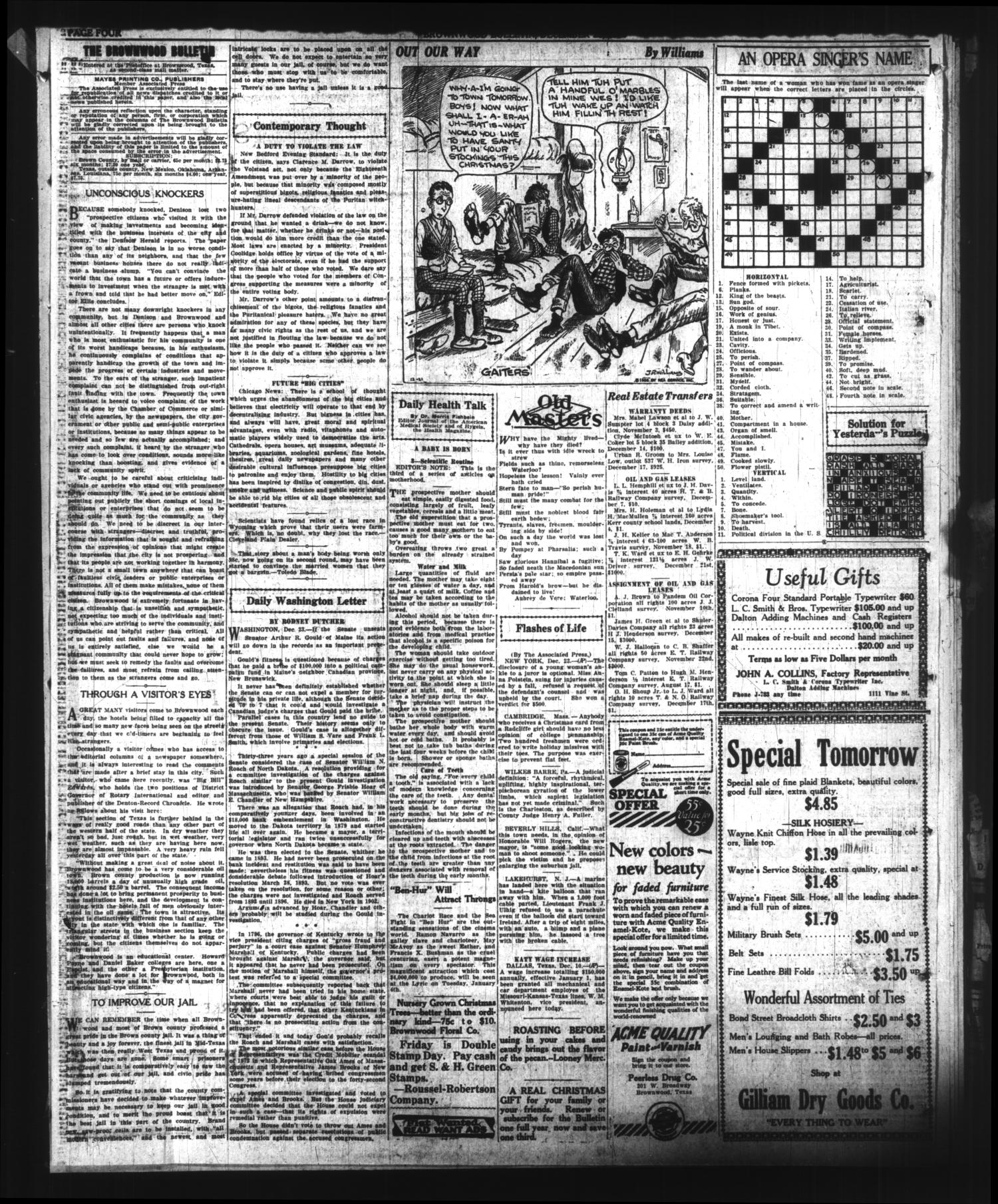 Brownwood Bulletin (Brownwood, Tex.), Vol. 26, No. 59, Ed. 1 Thursday, December 23, 1926
                                                
                                                    [Sequence #]: 4 of 8
                                                