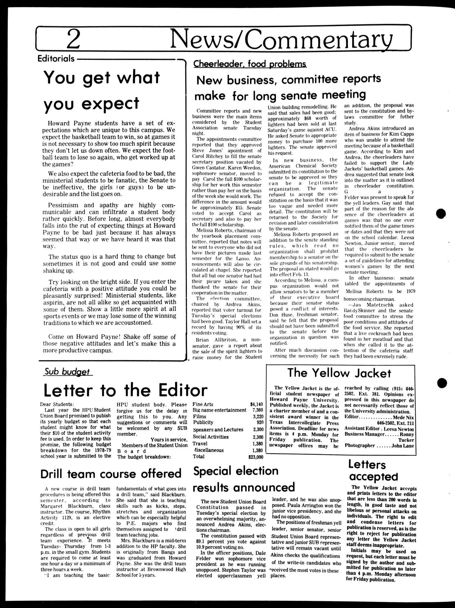 The Howard Payne University Yellow Jacket (Brownwood, Tex.), Vol. 66, No. 16, Ed. 1, Friday, February 2, 1979
                                                
                                                    [Sequence #]: 2 of 4
                                                