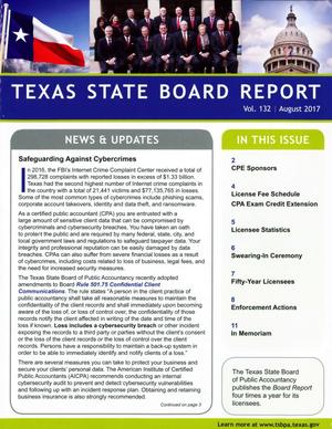 Primary view of Texas State Board Report, Volume 132, August 2017