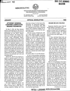 Primary view of object titled 'Texas State Board of Registration for Professional Engineers Official Newsletter, January 1985'.