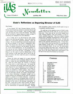 Primary view of object titled 'ILAS Newsletter, Volume 19, Number 6, April/May 1986'.