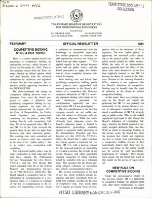 Primary view of object titled 'Texas State Board of Registration for Professional Engineers Official Newsletter, February 1984'.