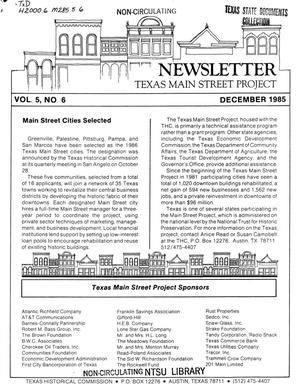 Primary view of Texas Main Street Project Newsletter, Volume 5, Number 6, December 1985