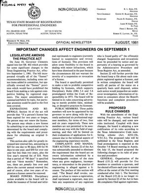 Primary view of object titled 'Texas State Board of Registration for Professional Engineers Official Newsletter, August 1981'.
