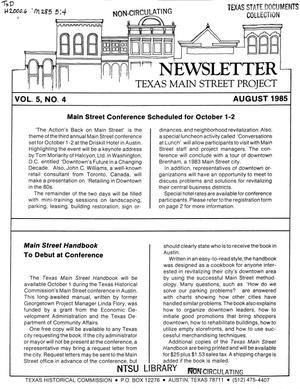 Primary view of object titled 'Texas Main Street Project Newsletter, Volume 5, Number 4, August 1985'.