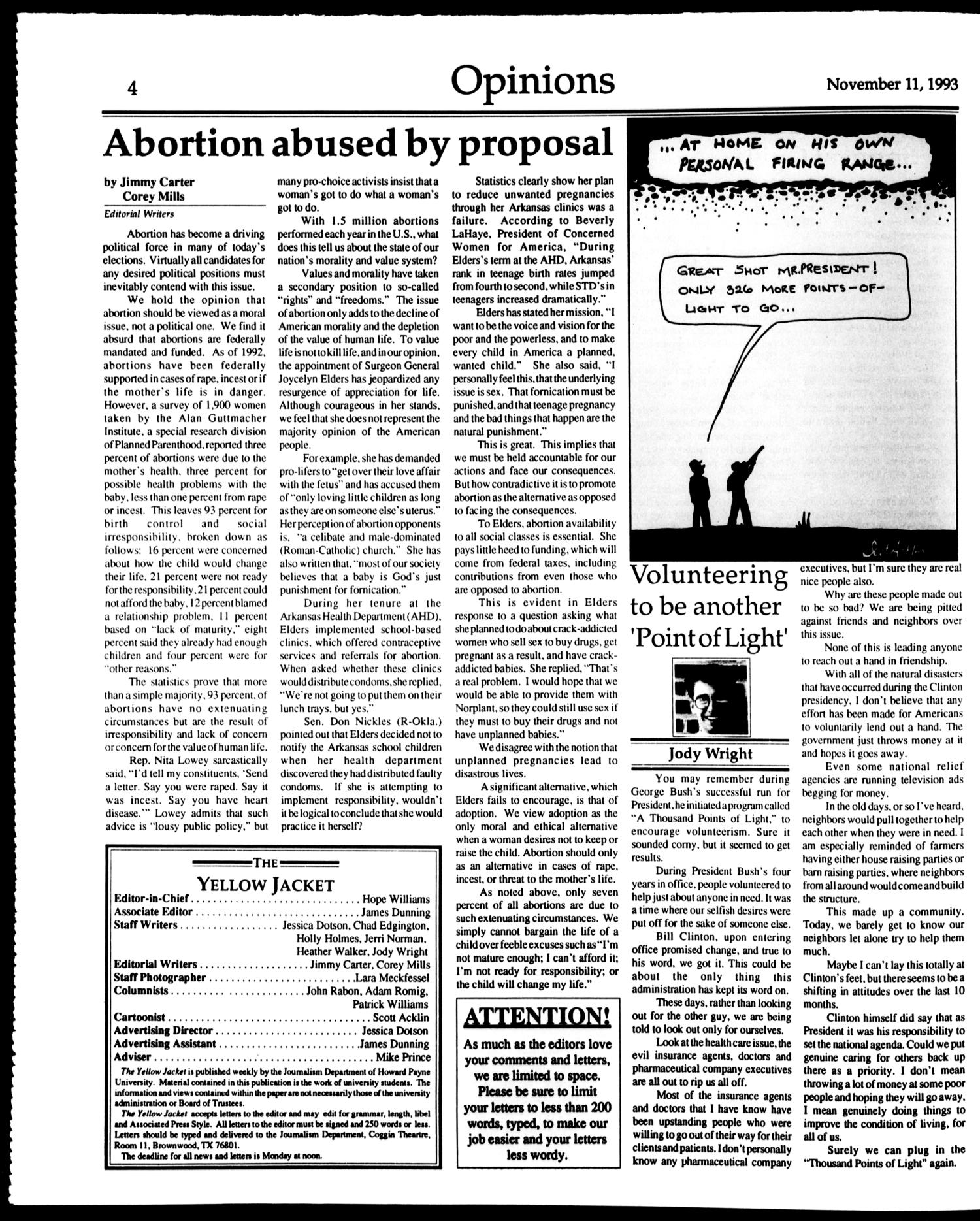 The Yellow Jacket (Brownwood, Tex.), Vol. 81, No. 8, Ed. 1, Thursday, November 11, 1993
                                                
                                                    [Sequence #]: 4 of 8
                                                