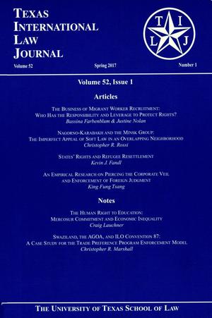 Primary view of object titled 'Texas International Law Journal, Volume 52, Number 1, Spring 2017'.