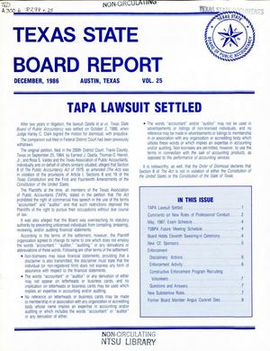 Primary view of object titled 'Texas State Board Report, Volume 25, December 1986'.