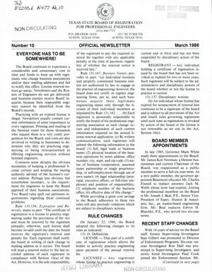 Primary view of object titled 'Texas State Board of Registration for Professional Engineers Official Newsletter, Number 10, March 1986'.