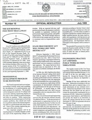 Primary view of object titled 'Texas State Board of Registration for Professional Engineers Official Newsletter, Number 15, July 1989'.