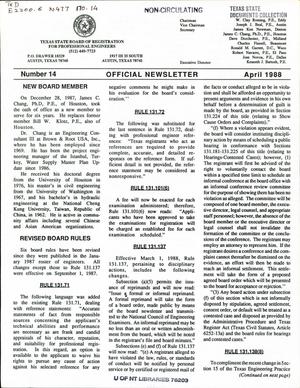 Primary view of object titled 'Texas State Board of Registration for Professional Engineers Official Newsletter, Number 14, April 1988'.