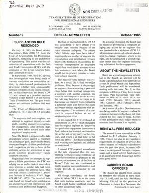Primary view of object titled 'Texas State Board of Registration for Professional Engineers Official Newsletter, Number 9, October 1985'.