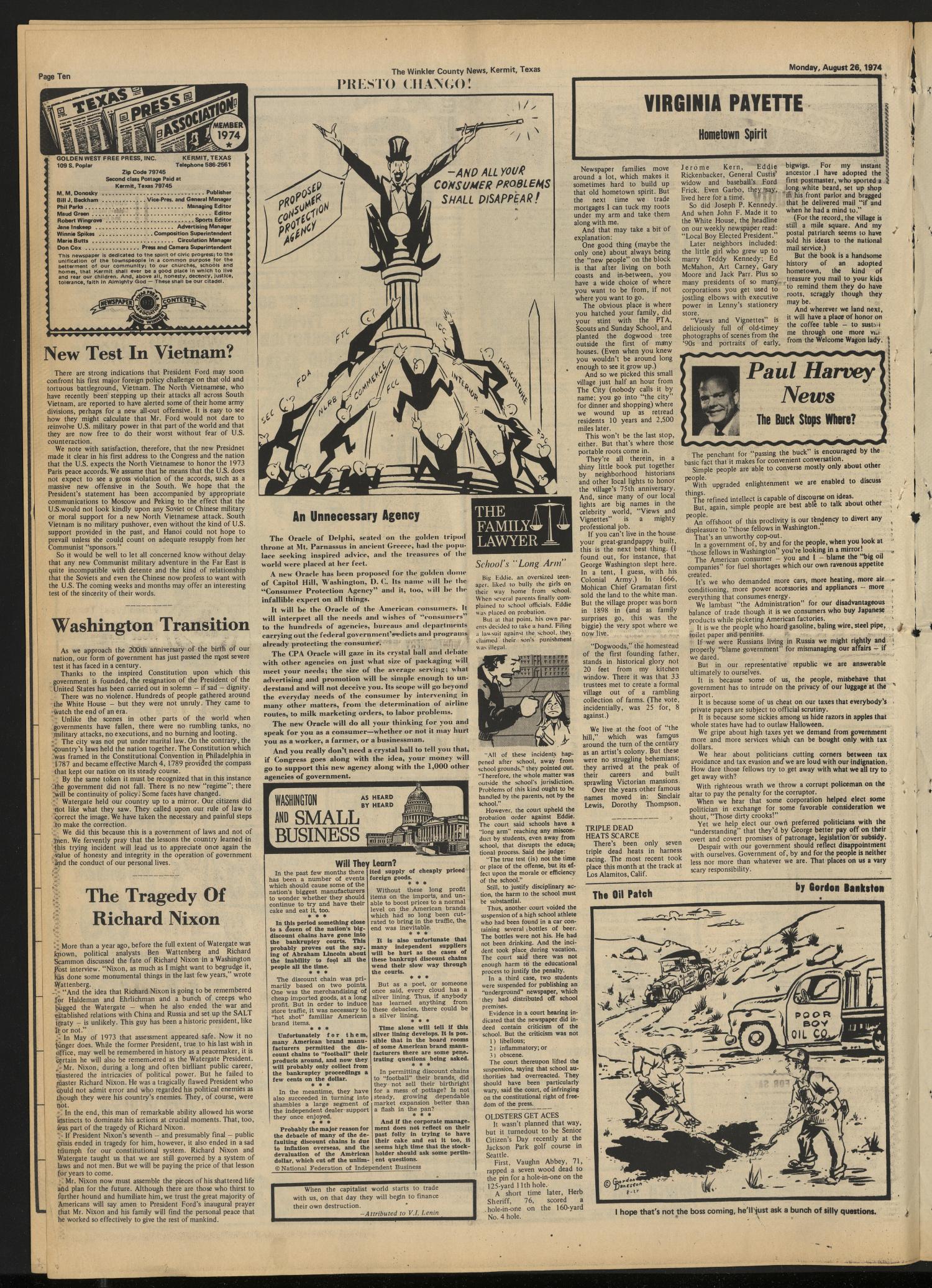 The Winkler County News (Kermit, Tex.), Vol. 38, No. 46, Ed. 1 Monday, August 26, 1974
                                                
                                                    [Sequence #]: 10 of 20
                                                
