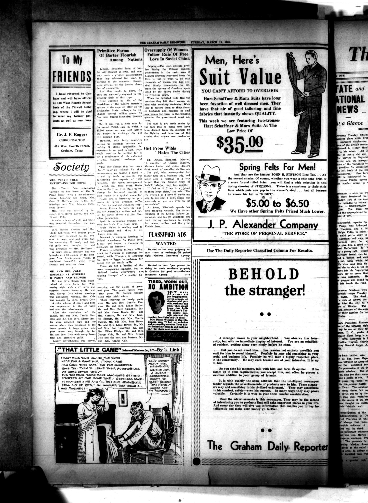 The Graham Daily Reporter (Graham, Tex.), Vol. 1, No. 168, Ed. 1 Tuesday, March 19, 1935
                                                
                                                    [Sequence #]: 4 of 4
                                                