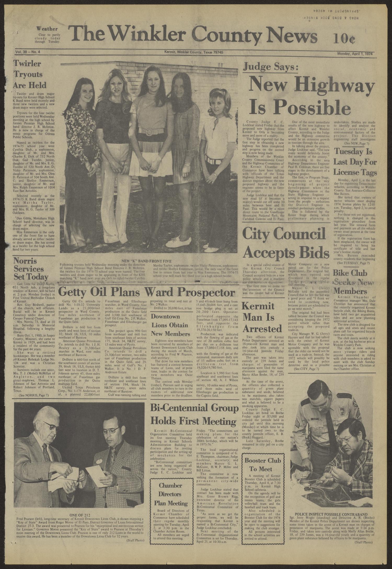 The Winkler County News (Kermit, Tex.), Vol. 38, No. 4, Ed. 1 Monday, April 1, 1974
                                                
                                                    [Sequence #]: 1 of 10
                                                