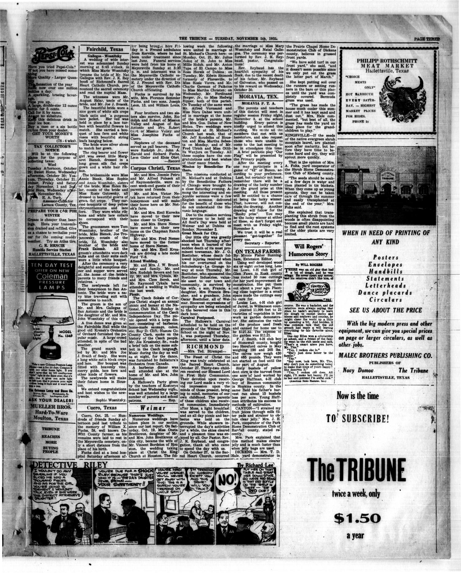 The Tribune (Hallettsville, Tex.), Vol. 4, No. 89, Ed. 1 Tuesday, November 5, 1935
                                                
                                                    [Sequence #]: 3 of 4
                                                