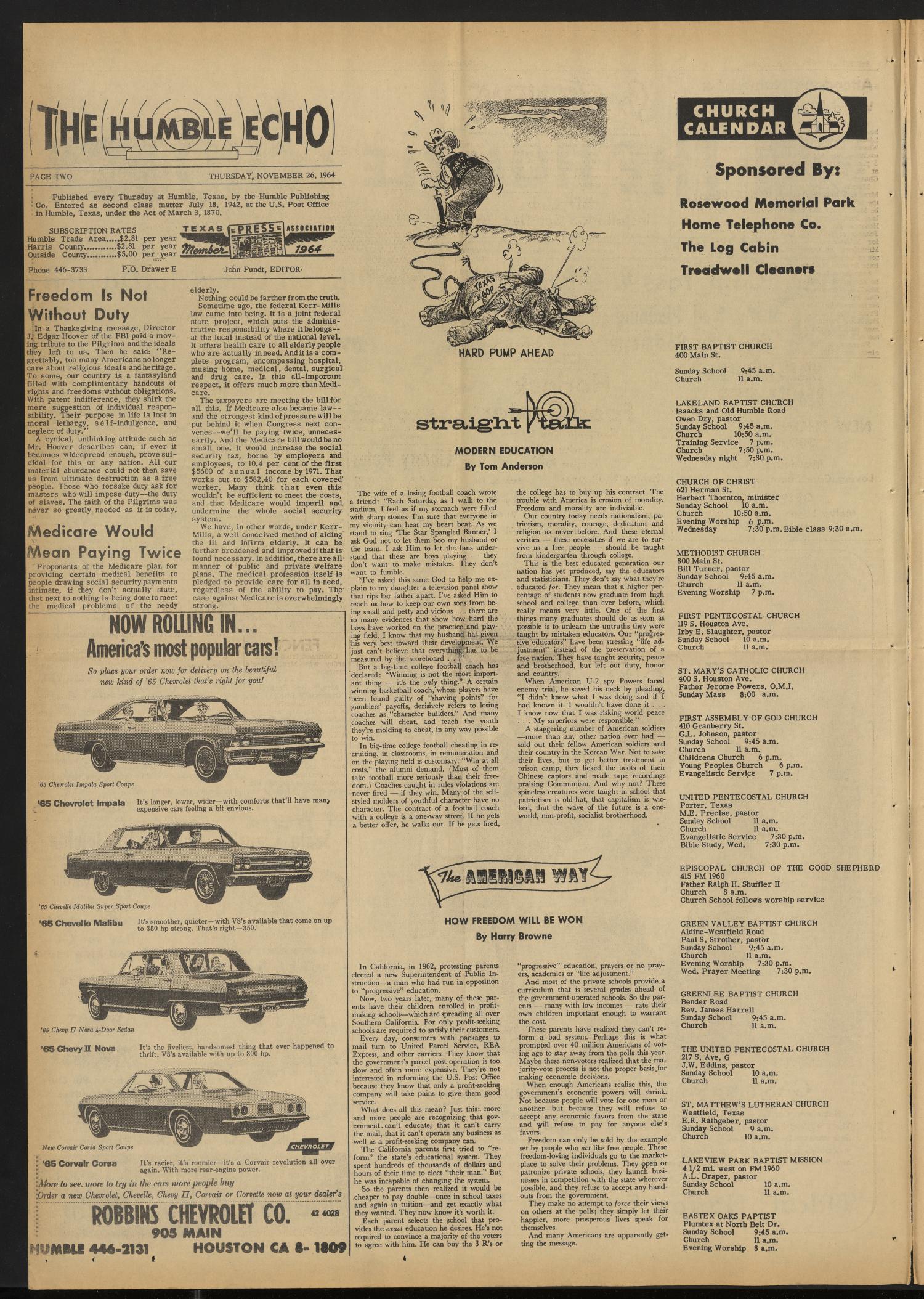 The Humble Echo (Humble, Tex.), Vol. 23, No. 47, Ed. 1 Thursday, November 26, 1964
                                                
                                                    [Sequence #]: 2 of 10
                                                
