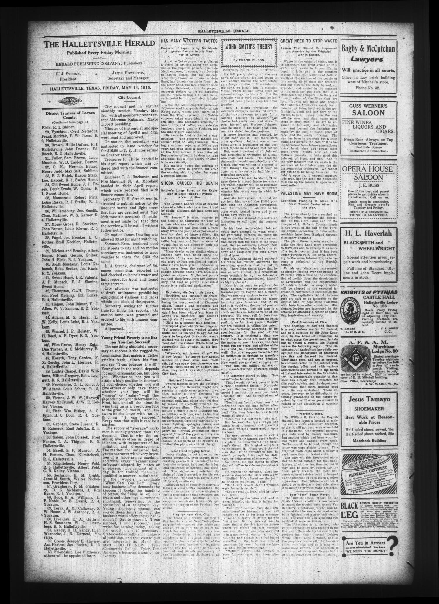 Halletsville Herald. (Hallettsville, Tex.), Vol. 44, No. 1, Ed. 1 Friday, May 14, 1915
                                                
                                                    [Sequence #]: 4 of 8
                                                