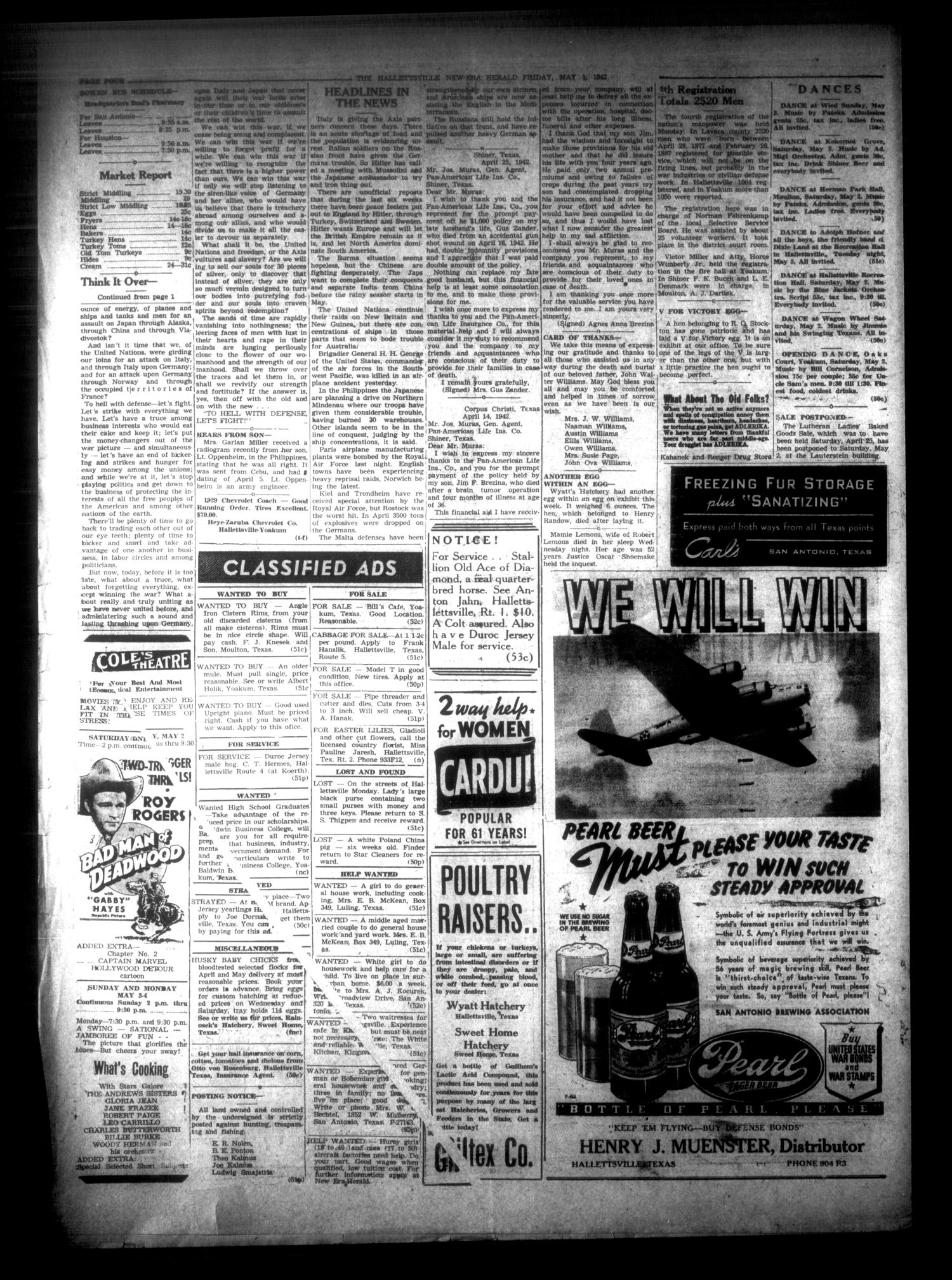 Hallettsville Semi-Weekly New Era-Herald (Hallettsville, Tex.), Vol. 69, No. 50, Ed. 1 Friday, May 1, 1942
                                                
                                                    [Sequence #]: 4 of 4
                                                