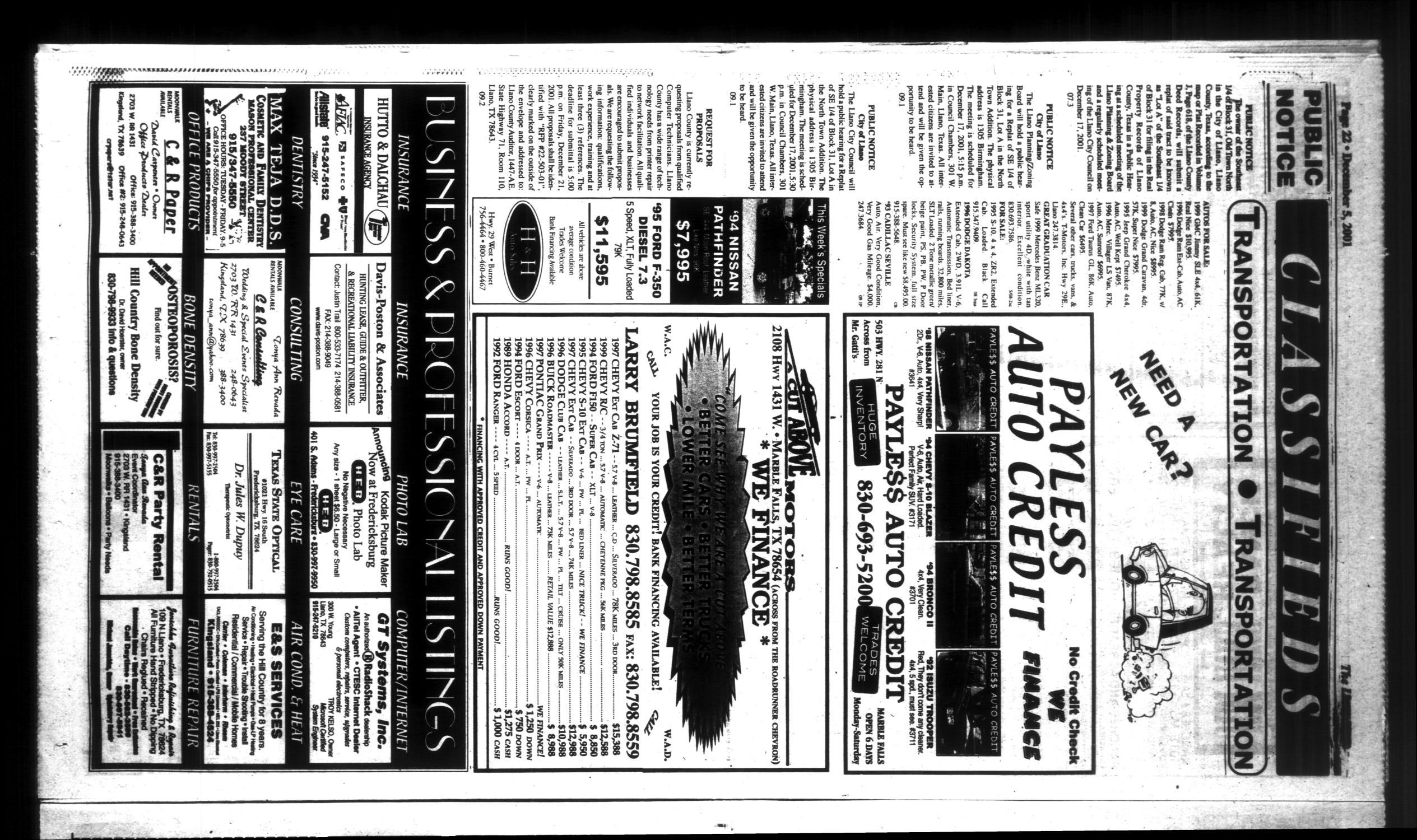 The Llano News (Llano, Tex.), Vol. 114, No. 9, Ed. 1 Wednesday, December 5, 2001
                                                
                                                    [Sequence #]: 22 of 24
                                                