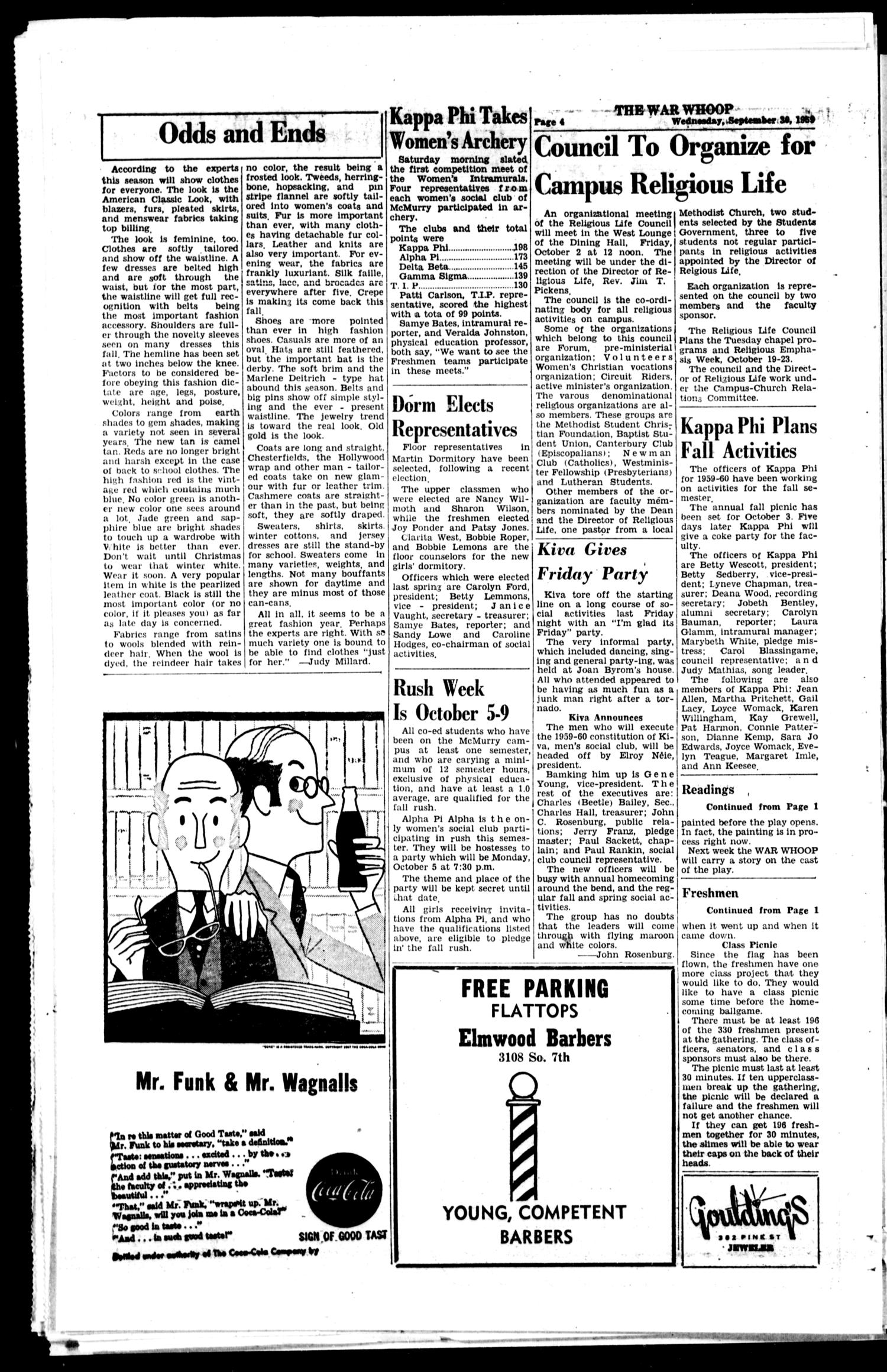 The War Whoop (Abilene, Tex.), Vol. 37, No. 3, Ed. 1, Wednesday, September 30, 1959
                                                
                                                    [Sequence #]: 4 of 4
                                                