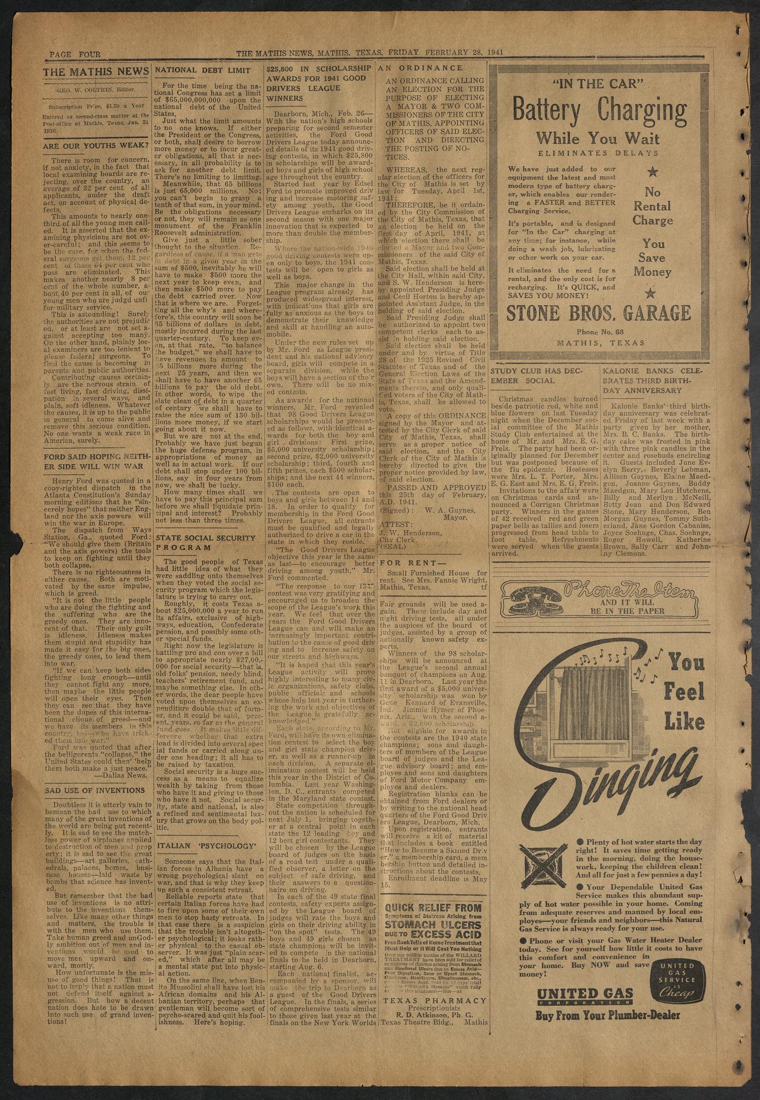 The Mathis News (Mathis, Tex.), Vol. 26, No. 9, Ed. 1 Friday, February 28, 1941
                                                
                                                    [Sequence #]: 4 of 8
                                                