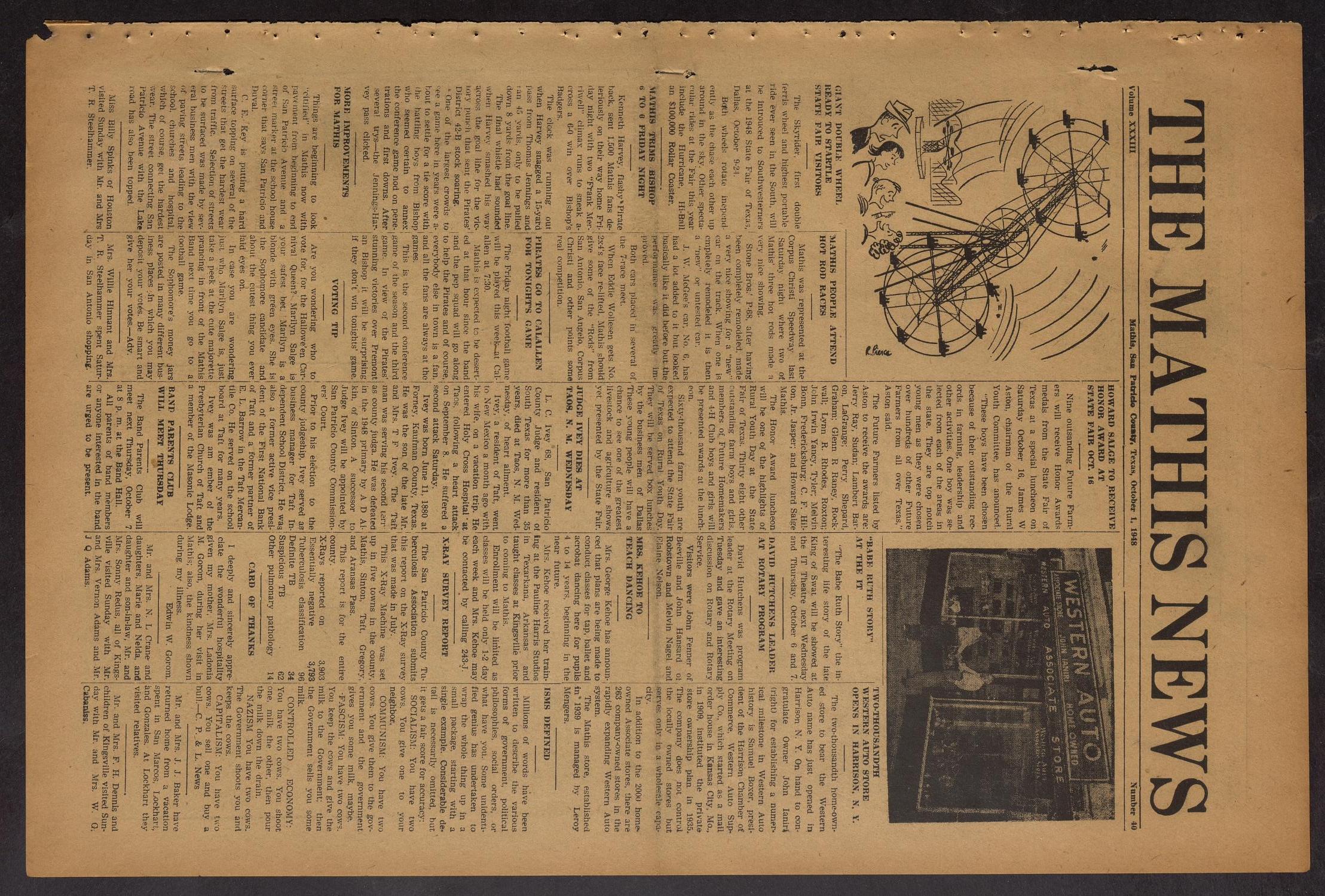 The Mathis News (Mathis, Tex.), Vol. 33, No. 40, Ed. 1 Friday, October 1, 1948
                                                
                                                    [Sequence #]: 1 of 10
                                                