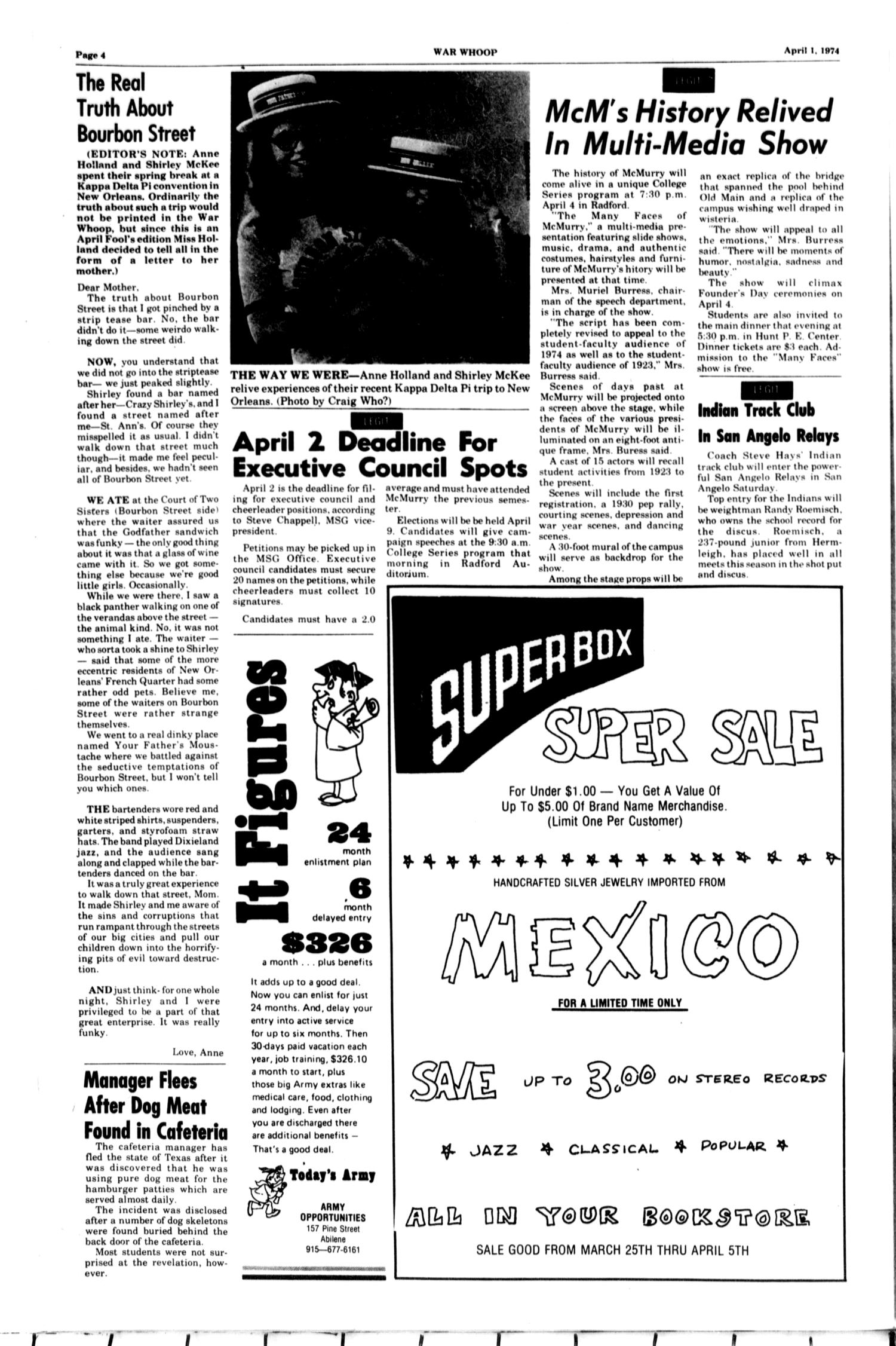 The War Whoop (Abilene, Tex.), Vol. 51, No. 22, Ed. 1, Monday, April 1, 1974
                                                
                                                    [Sequence #]: 4 of 6
                                                