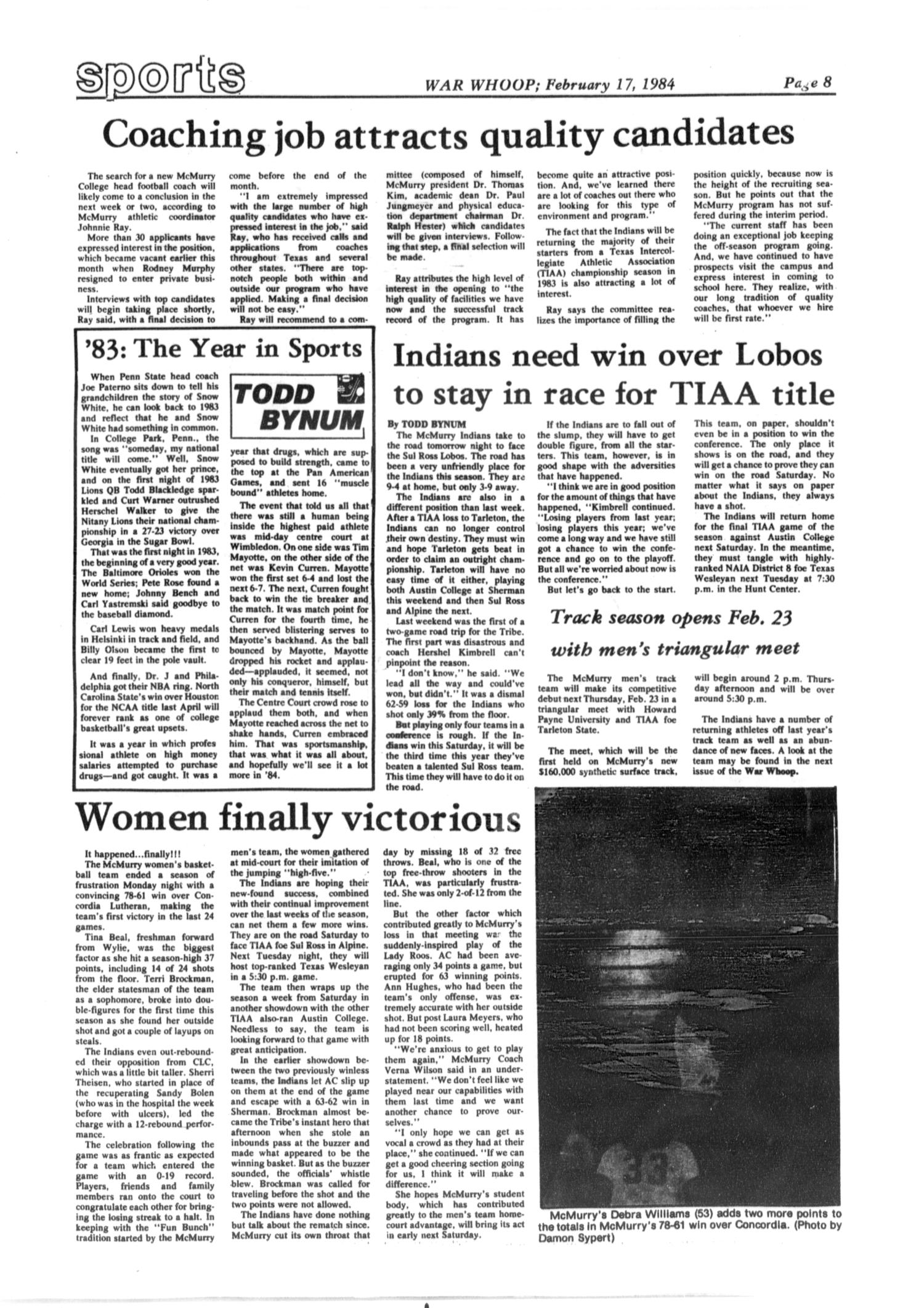 The War Whoop (Abilene, Tex.), Vol. 61, No. 11, Ed. 1, Friday, February 17, 1984
                                                
                                                    [Sequence #]: 8 of 8
                                                
