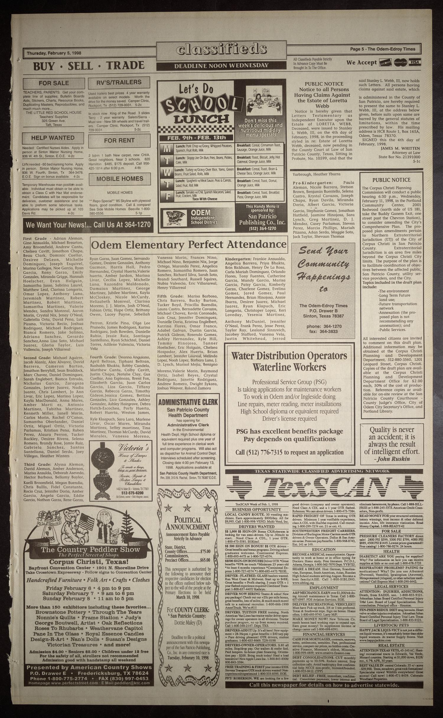 The Odem-Edroy Times (Odem, Tex.), Vol. 91, No. 5, Ed. 1 Thursday, February 5, 1998
                                                
                                                    [Sequence #]: 5 of 6
                                                