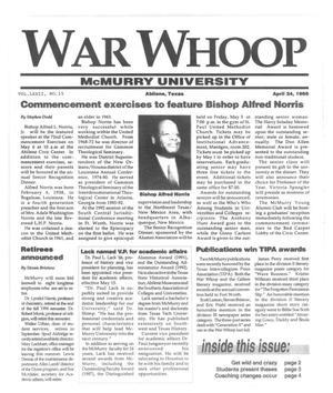 Primary view of object titled 'War Whoop (Abilene, Tex.), Vol. 72, No. 15, Ed. 1, Monday, April 24, 1995'.