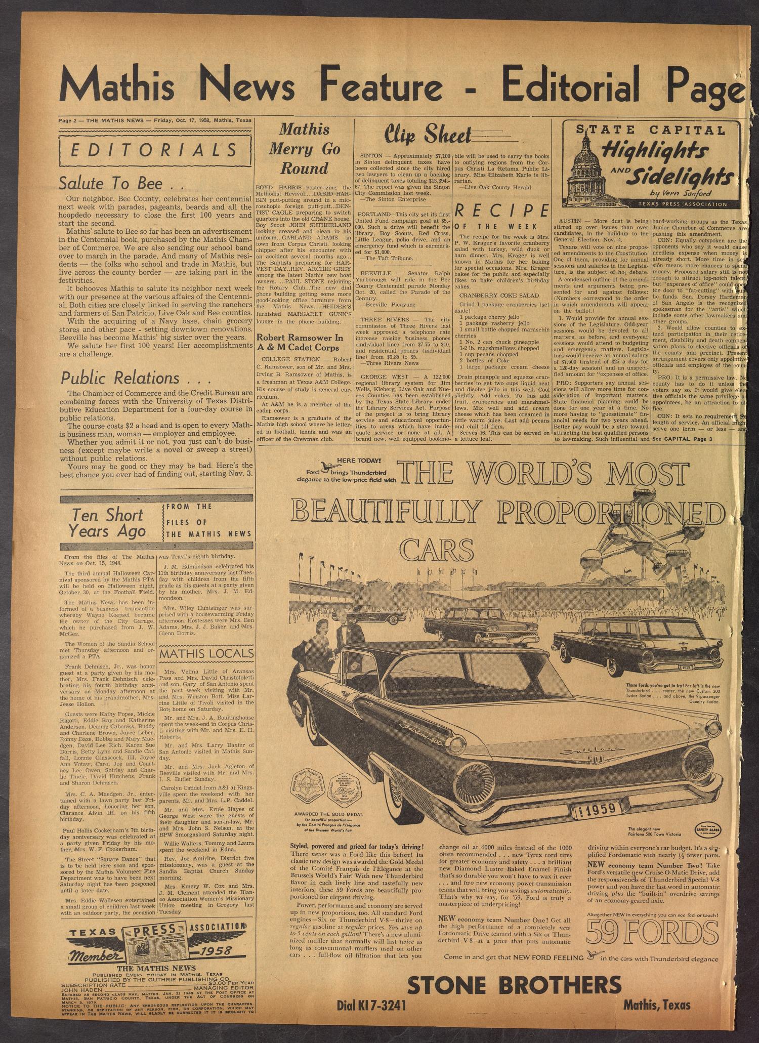 The Mathis News (Mathis, Tex.), Vol. 43, No. 43, Ed. 1 Friday, October 17, 1958
                                                
                                                    [Sequence #]: 2 of 8
                                                