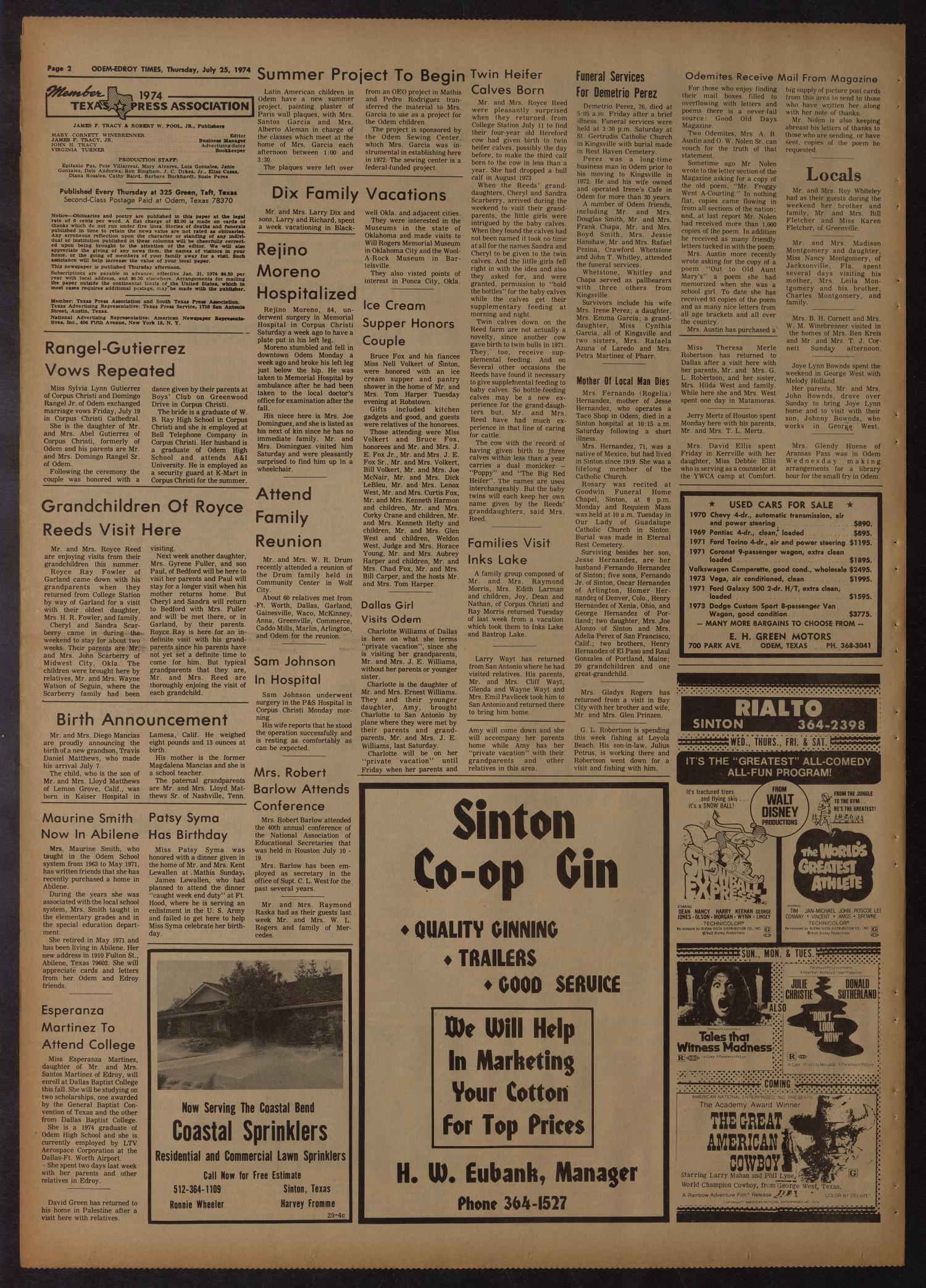 The Odem-Edroy Times (Odem, Tex.), Vol. 23, No. 30, Ed. 1 Thursday, July 25, 1974
                                                
                                                    [Sequence #]: 2 of 4
                                                