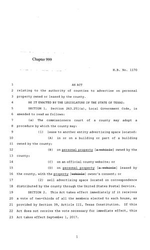 Primary view of object titled '85th Texas Legislature, Regular Session, House Bill 1170, Chapter 999'.