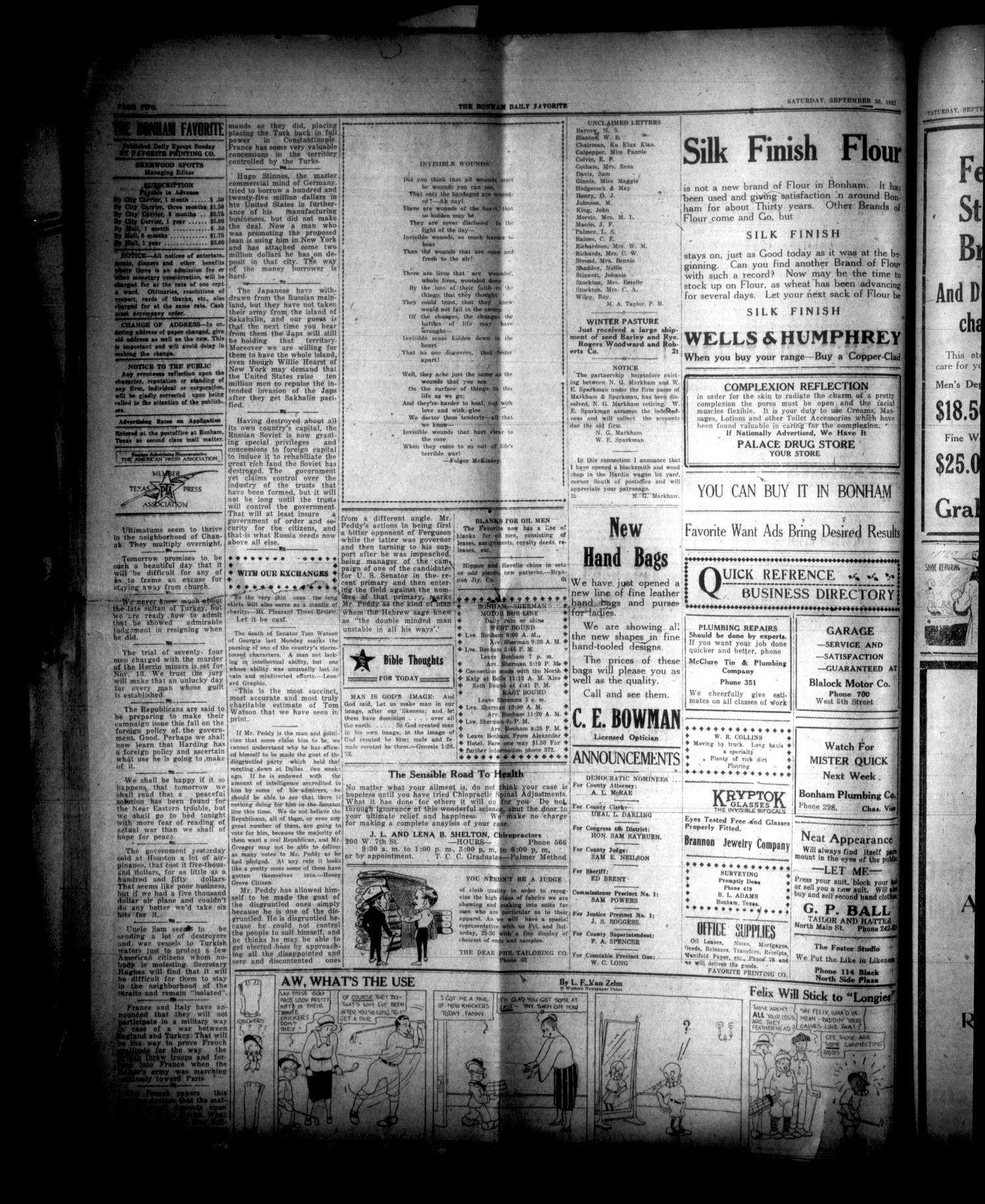 The Bonham Daily Favorite (Bonham, Tex.), Vol. 25, No. 72, Ed. 1 Saturday, September 30, 1922
                                                
                                                    [Sequence #]: 2 of 6
                                                