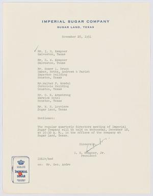Primary view of object titled '[Letter from I. H. Kempner, Jr., to Directors of Imperial Sugar Company, November 28, 1951]'.