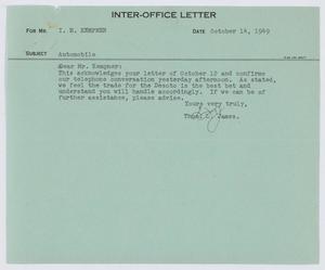 Primary view of object titled '[Letter from T. L. James to I. H. Kempner, October 14, 1949]'.