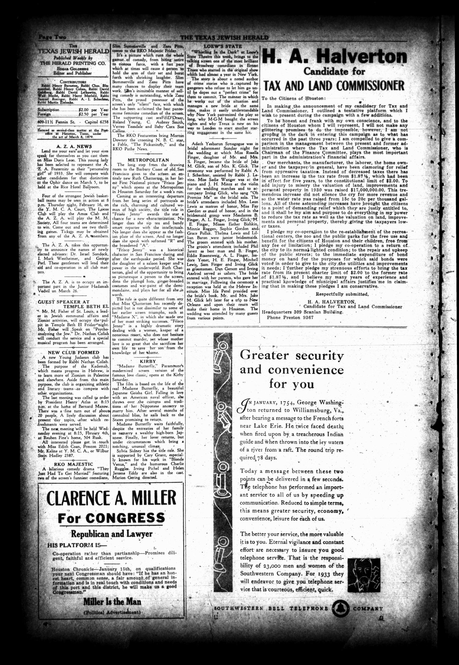 The Texas Jewish Herald (Houston, Tex.), Vol. 26, No. 42, Ed. 1 Thursday, January 26, 1933
                                                
                                                    [Sequence #]: 2 of 4
                                                