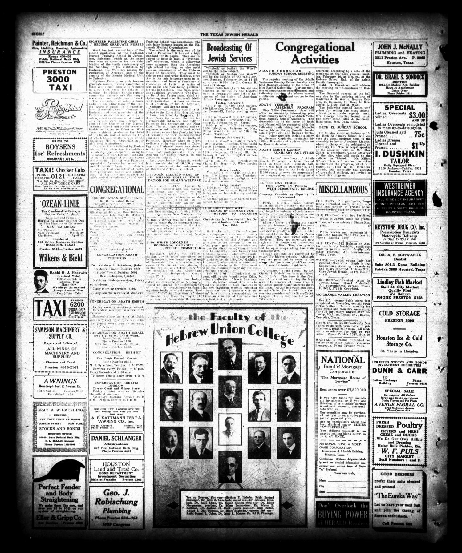 The Texas Jewish Herald (Houston, Tex.), Vol. 21, No. 44, Ed. 1 Thursday, February 7, 1929
                                                
                                                    [Sequence #]: 8 of 8
                                                