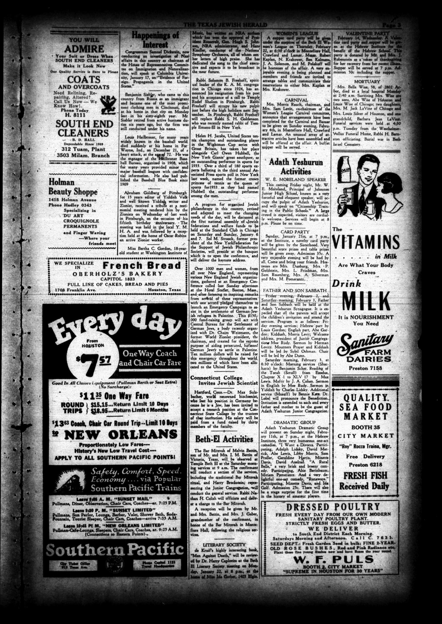 The Texas Jewish Herald (Houston, Tex.), Vol. 27, No. 41, Ed. 1 Thursday, January 18, 1934
                                                
                                                    [Sequence #]: 3 of 8
                                                
