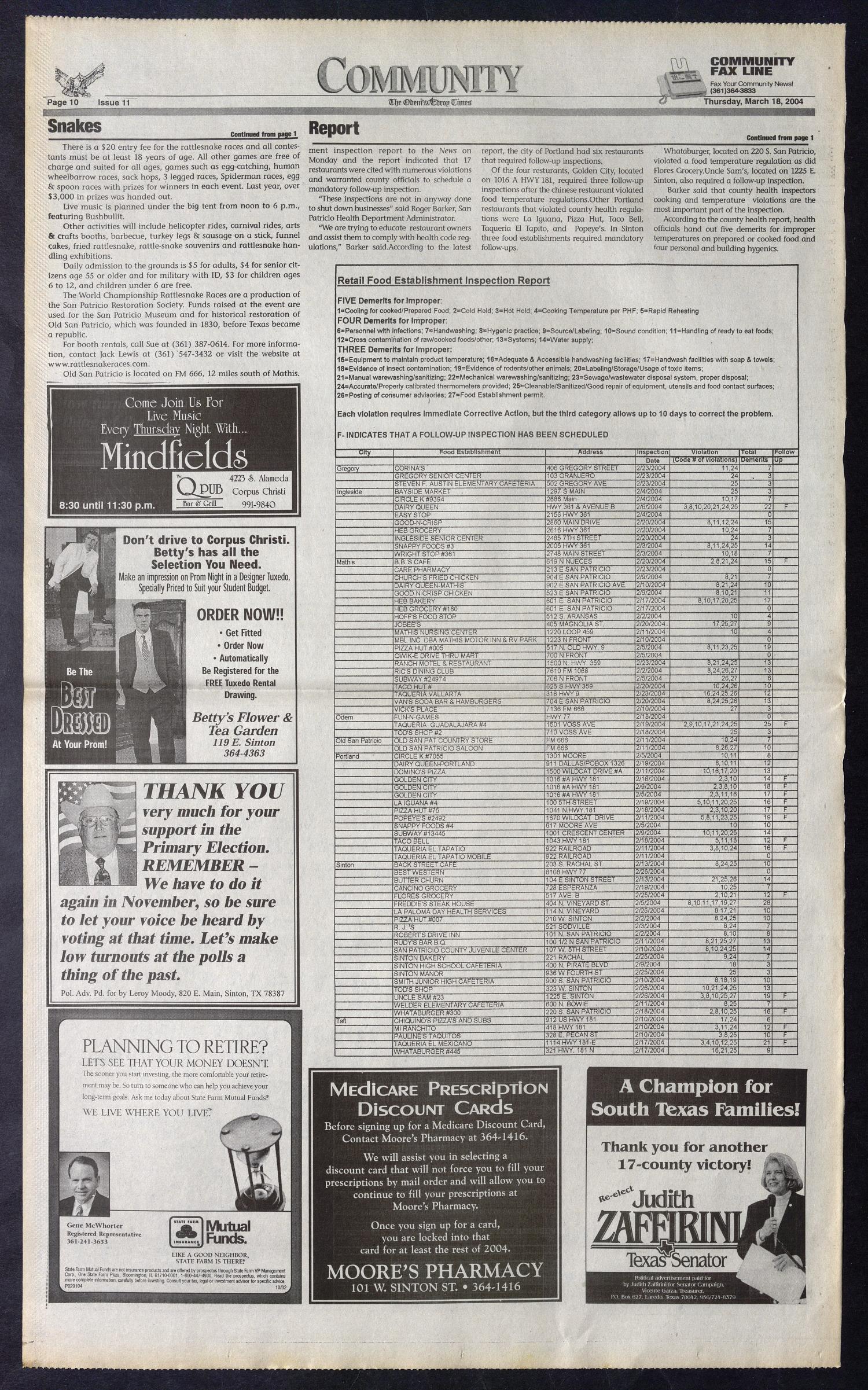 The Odem-Edroy Times (Odem, Tex.), Vol. 58, No. 11, Ed. 1 Thursday, March 18, 2004
                                                
                                                    [Sequence #]: 10 of 12
                                                