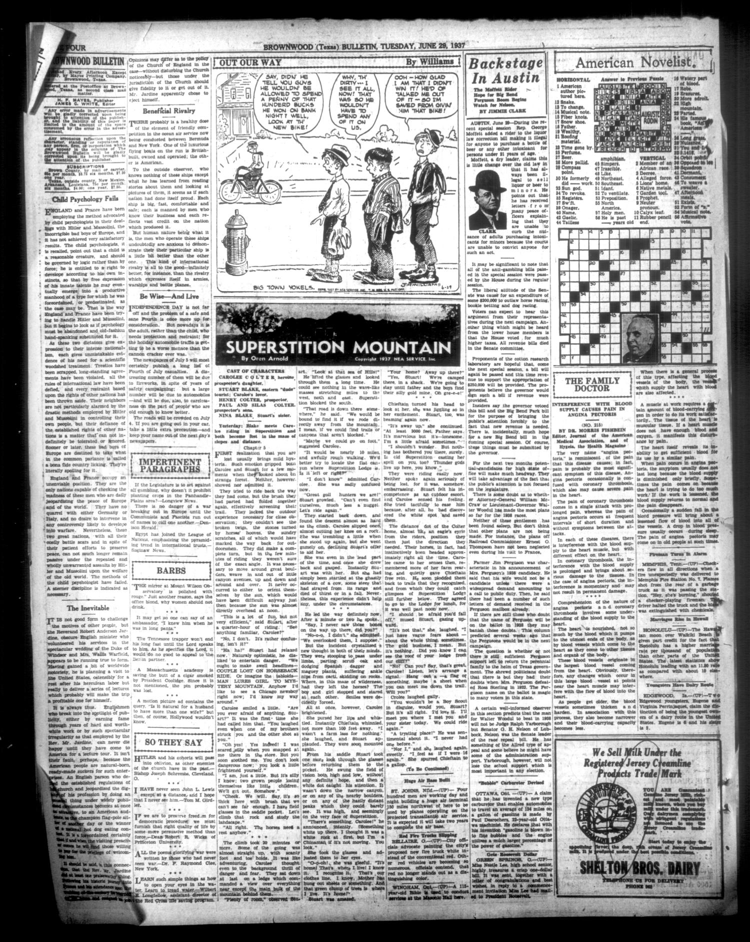 Brownwood Bulletin (Brownwood, Tex.), Vol. 37, No. 219, Ed. 1 Tuesday, June 29, 1937
                                                
                                                    [Sequence #]: 4 of 8
                                                