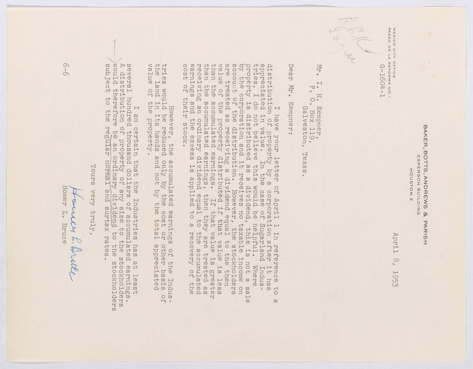 [Letter from Homer L. Bruce to I. H. Kempner, April 8, 1953]
                                                
                                                    [Sequence #]: 1 of 2
                                                