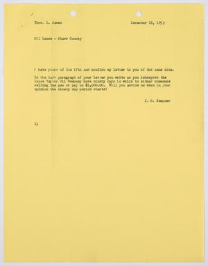 Primary view of object titled '[Letter from I. H. Kempner to T. L. James, December 18, 1953]'.