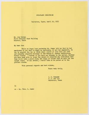 Primary view of object titled '[Letter from I. H. Kempner to Joe Corman, April 30, 1953]'.