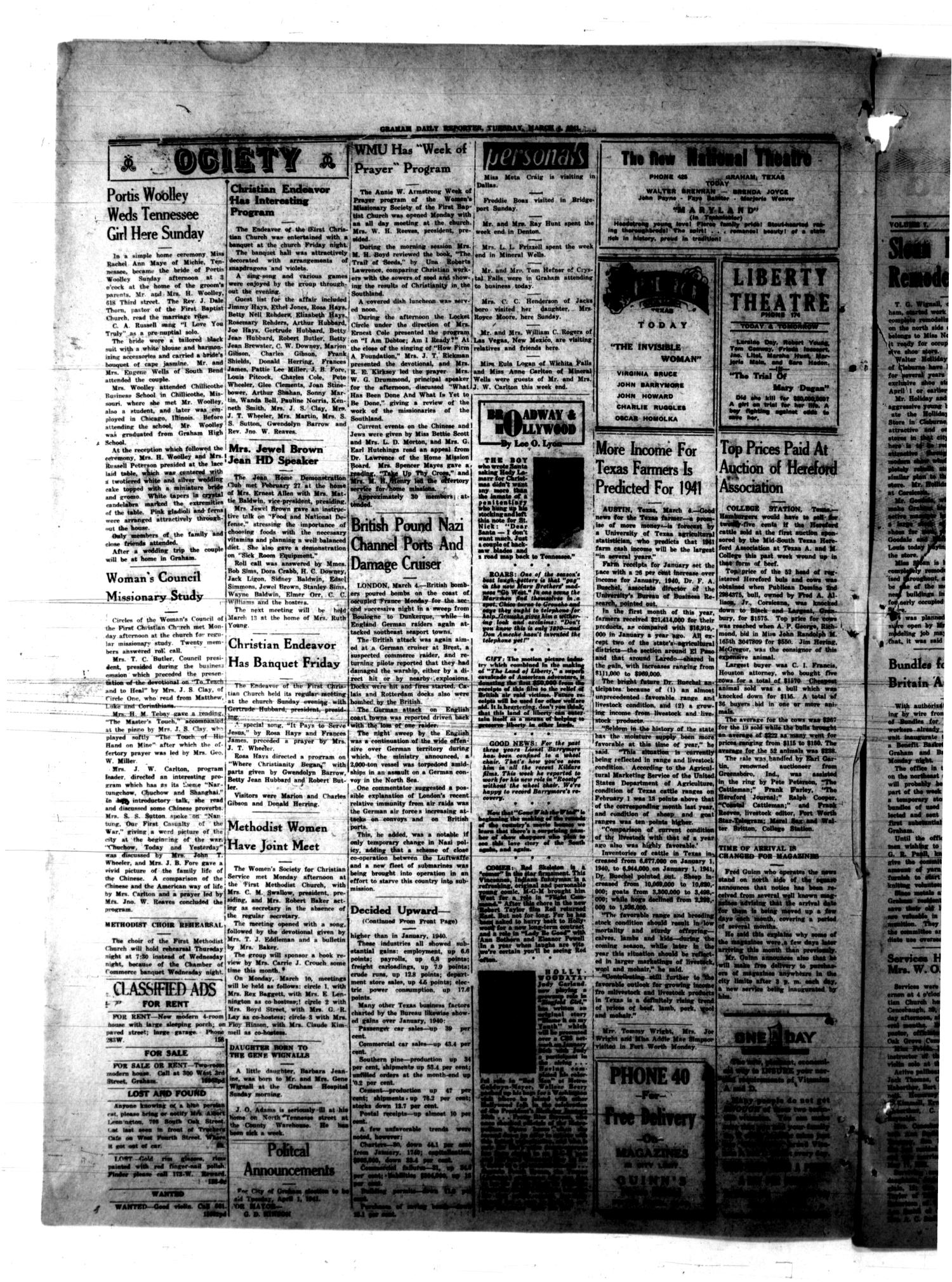 Graham Daily Reporter (Graham, Tex.), Vol. 7, No. 159, Ed. 1 Tuesday, March 4, 1941
                                                
                                                    [Sequence #]: 4 of 4
                                                