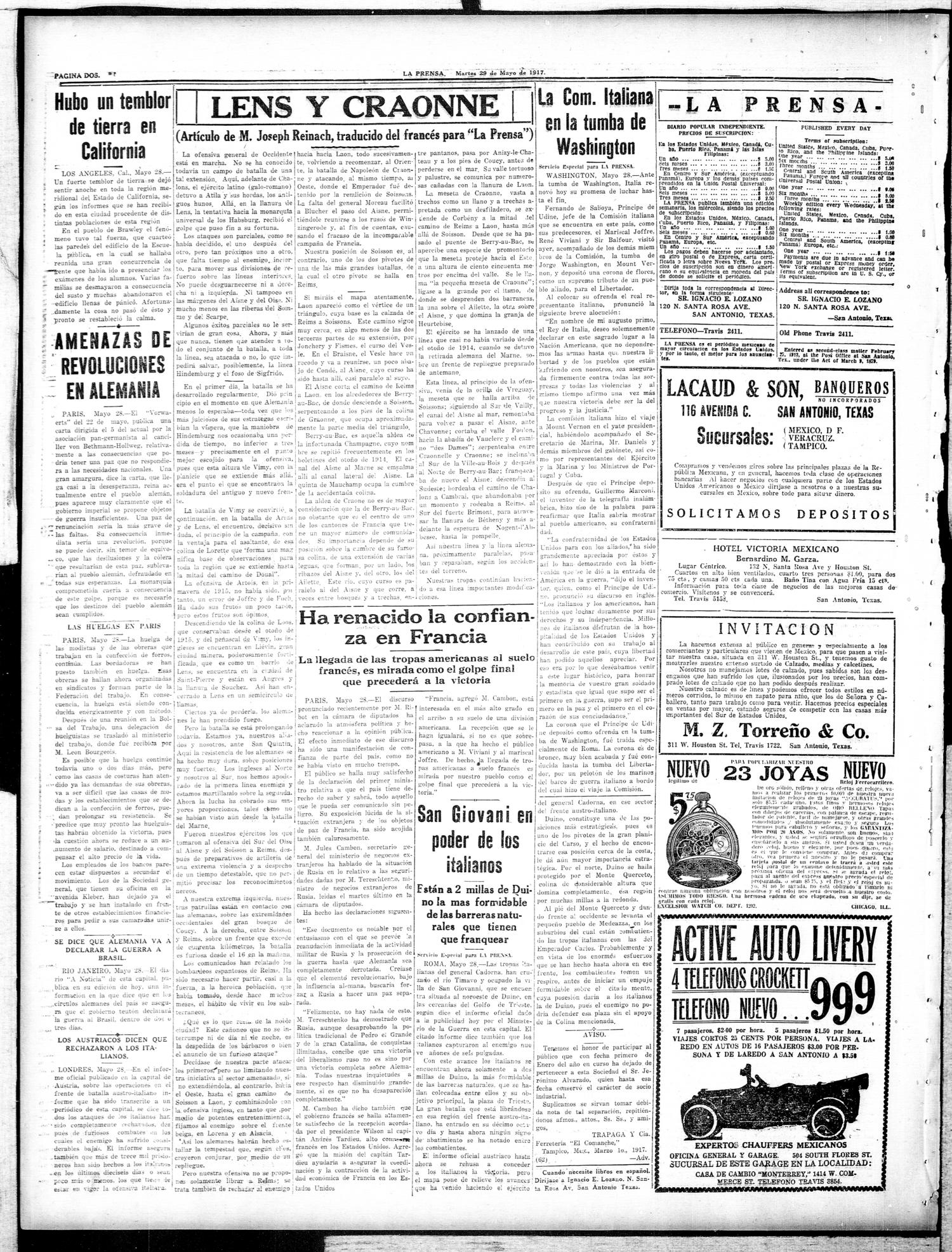 La Prensa (San Antonio, Tex.), Vol. 5, No. 937, Ed. 1 Tuesday, May 29, 1917
                                                
                                                    [Sequence #]: 2 of 8
                                                