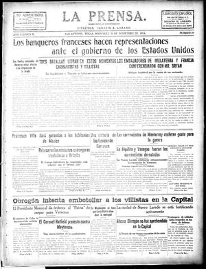 Primary view of object titled 'La Prensa. (San Antonio, Tex.), Vol. 2, No. 39, Ed. 1 Wednesday, November 25, 1914'.
