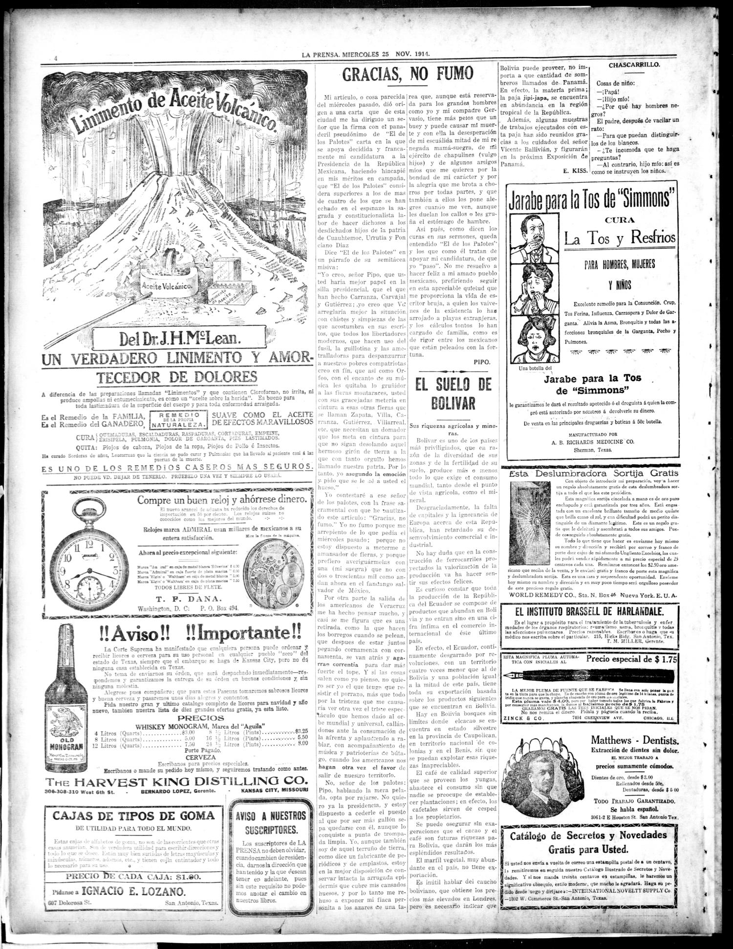 La Prensa. (San Antonio, Tex.), Vol. 2, No. 39, Ed. 1 Wednesday, November 25, 1914
                                                
                                                    [Sequence #]: 4 of 8
                                                