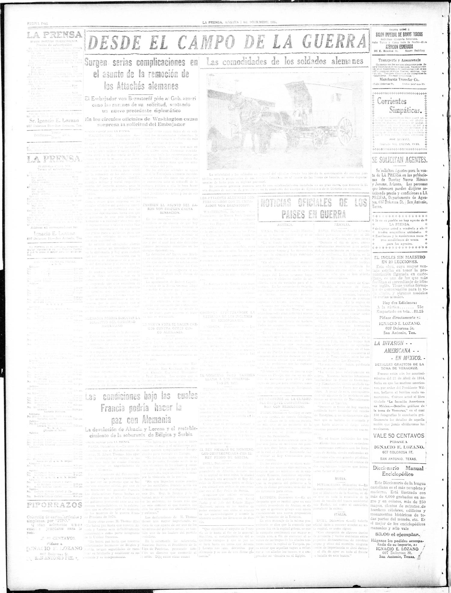 La Prensa (San Antonio, Tex.), Vol. 3, No. 393, Ed. 1 Tuesday, December 7, 1915
                                                
                                                    [Sequence #]: 2 of 8
                                                